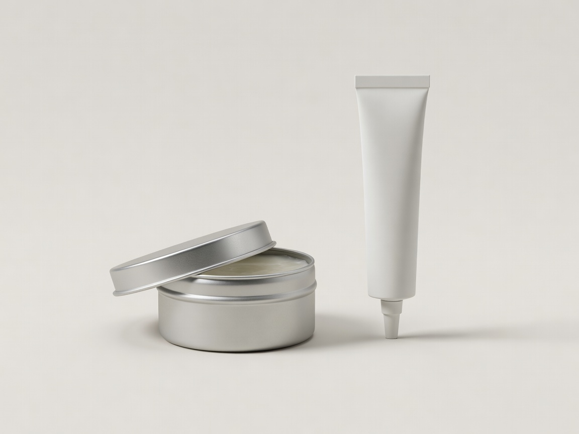 Soft-lit 3D render of an unbranded aluminium salve tin beside a narrow nozzle barrier cream tube on a plain background