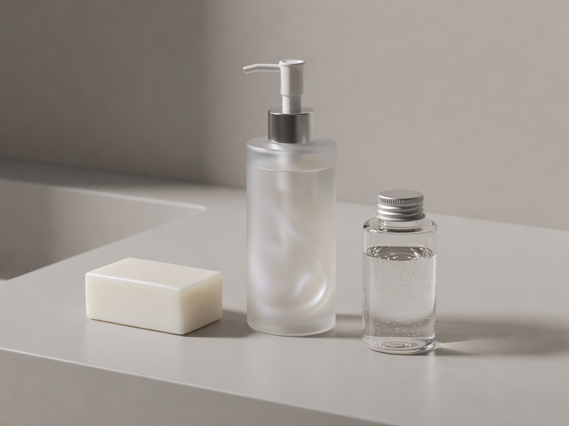 Soft-lit 3D render of a rectangular solid cleansing bar beside a translucent pump bottle and a screw-top micellar container