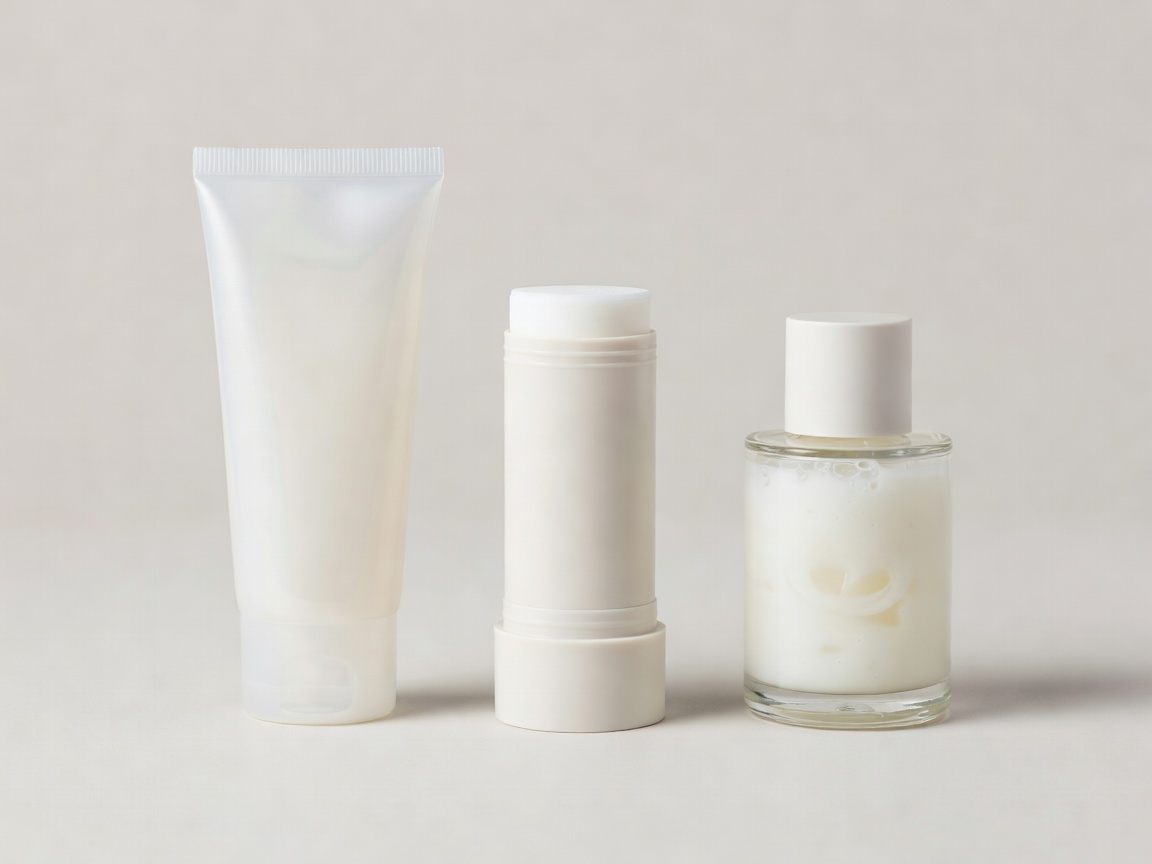 Soft-lit 3D render of three unbranded sunscreen formats: a crimped squeeze tube, a solid twist stick, and a compact fluid bottle