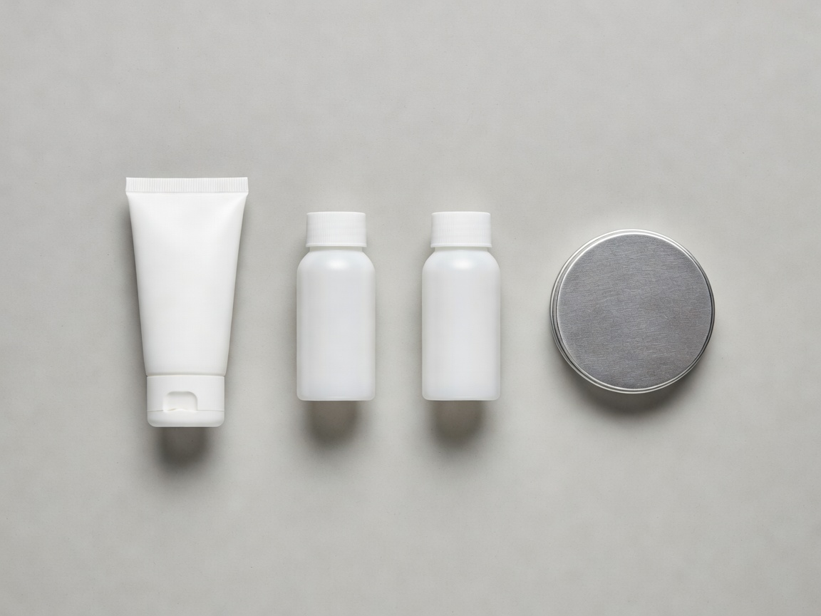 Soft-lit 3D render of unbranded travel containers: a 100 mL factory sunscreen tube, two 30 mL opaque HDPE screw bottles, and a flat aluminium tin
